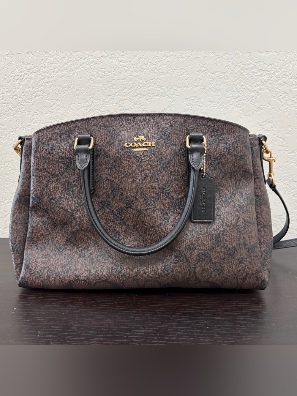Coach Brown Signature Canvas Satchel with Black Handles